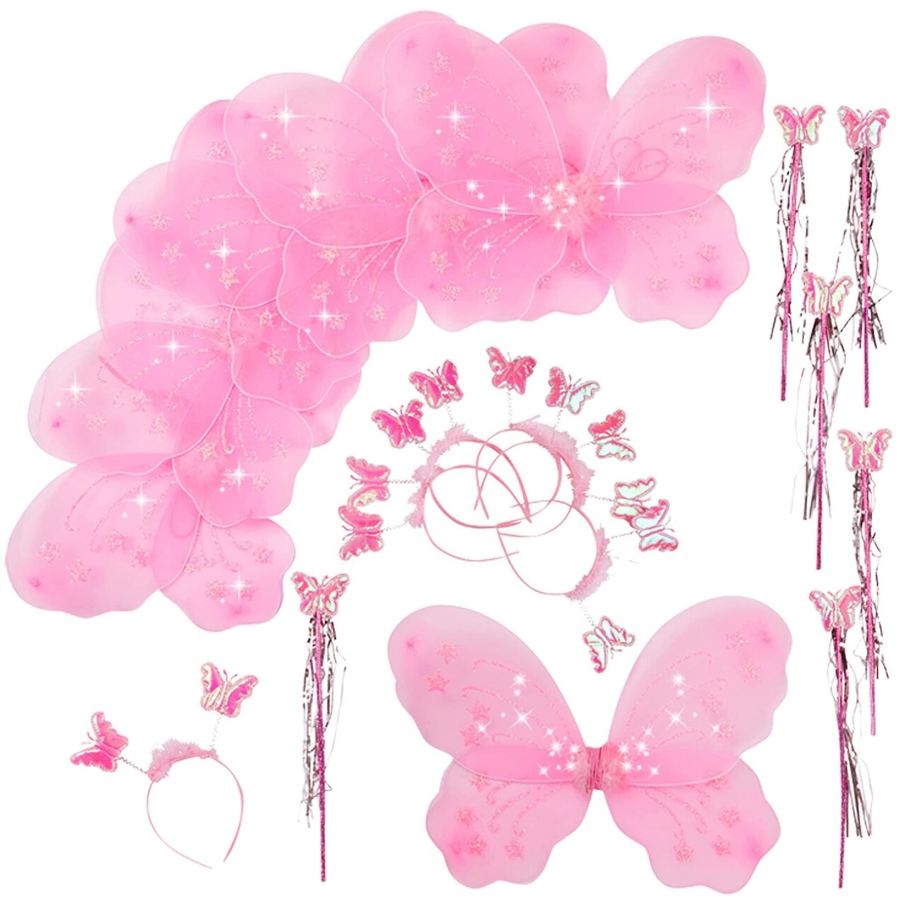 Butterfly Craze Girls' Fairy Wings with Wands and Headbands - Pack of 6, Costumes and Dress Up Set For Kids Aged 3 and Up, These Accessories are Perfect as Birthday Party Favors or Supplies, (Pink)